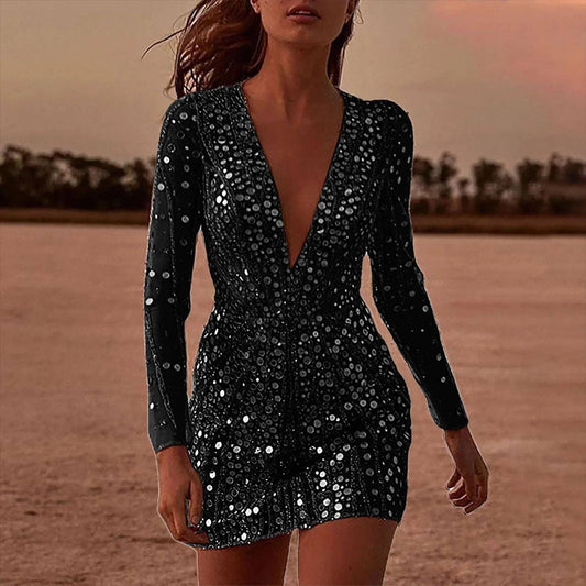 Deep V Sequin Long Sleeve Dress for Women: Black / XL