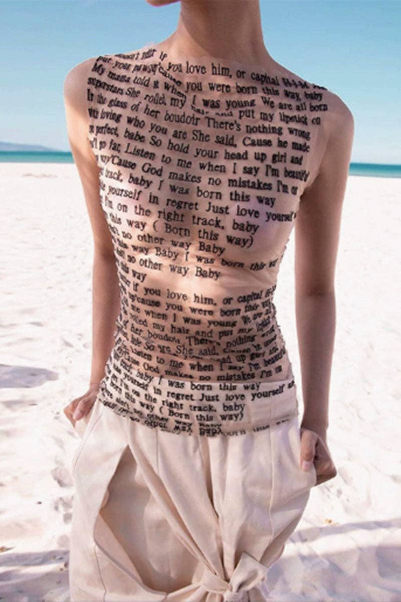 Statement Text Tank Top: BEIGE / L