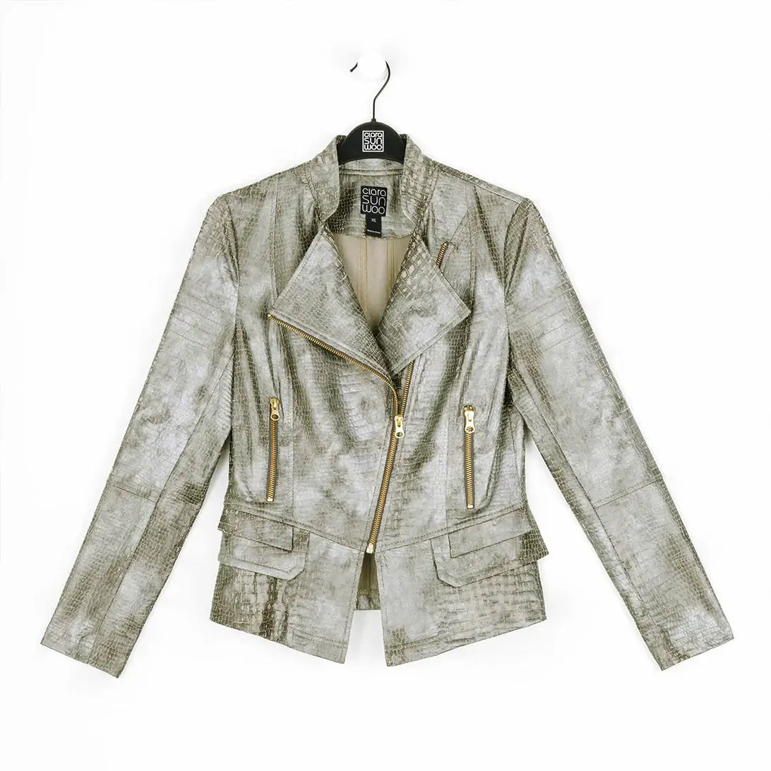 JK75P - Liquid Leather ™ Textured Biker Jacket - Croc Print: OLIVE / S