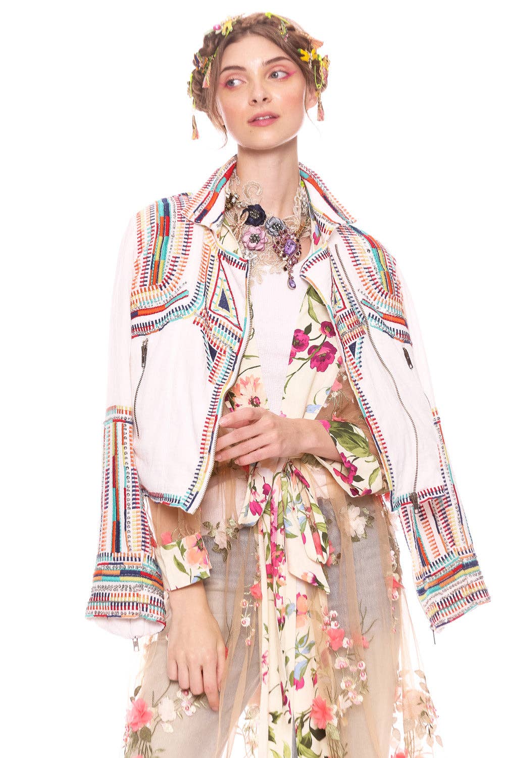 Floral Fantasy Kimono | Pink Floral Kimono | Mesh Kimono: Pink Floral Embroidery / L