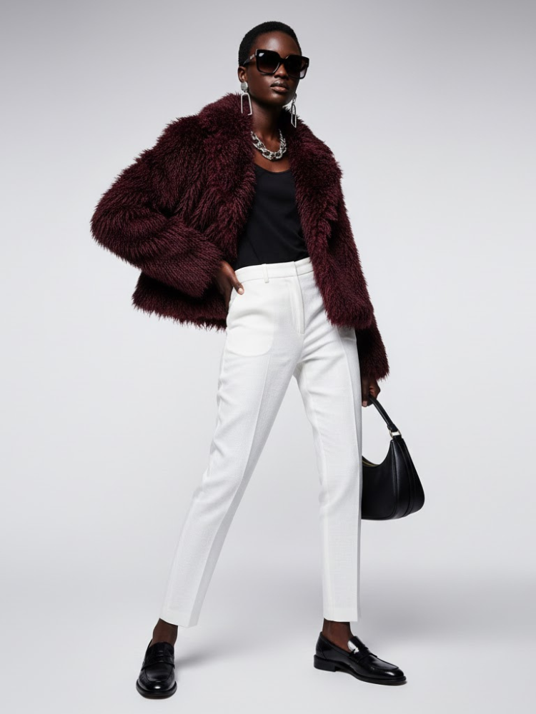 Women's Faux Fur Cropped Jacket BURGUNDY - CARROLL GARDENS: New Collection COUTURE in BROOKLYN - BYMANYC ® New York: Wine red / XS