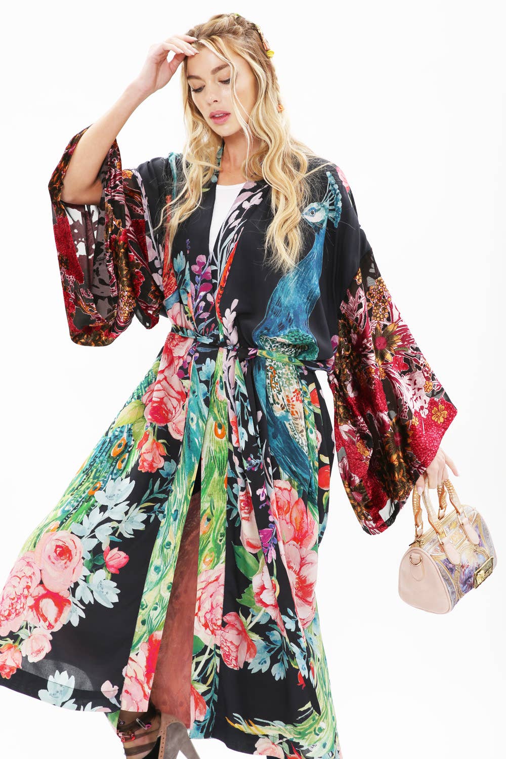 Sweet Fantasy Kimono | Peacock Floral Print | Women's Kimono: Night Peacock Print / One Size