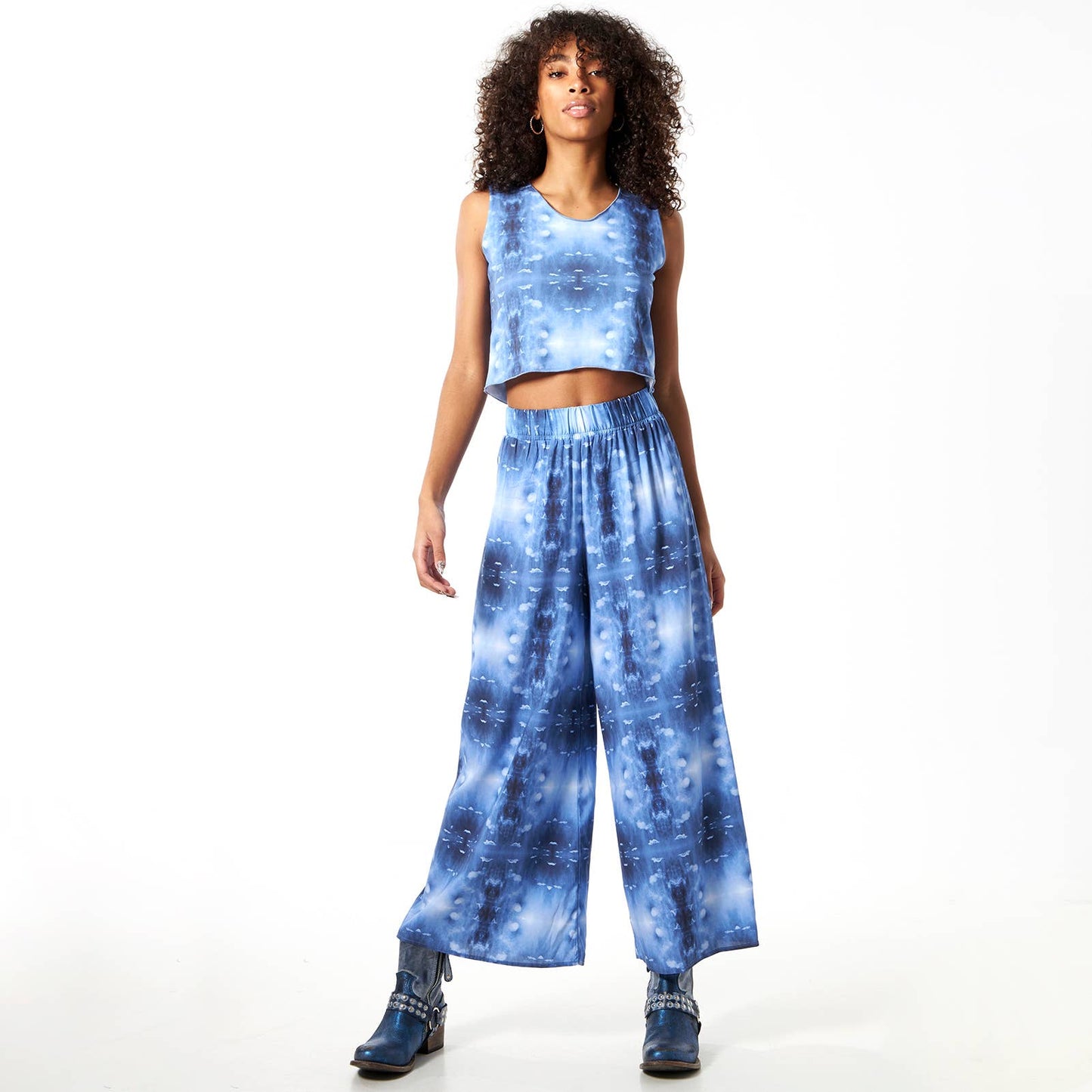 Babs Lightweight Wide Leg Pants - Blue Cloud Print: L