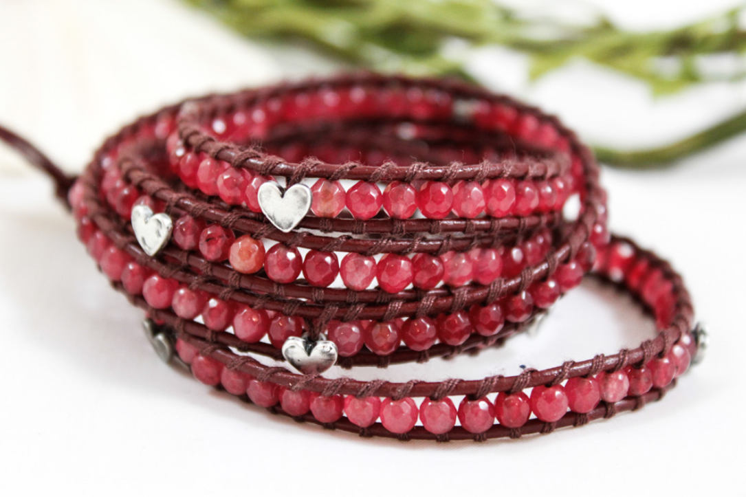 Valentine - Cherry Quartz and Silver Hearts Leather Wrap Bracelet