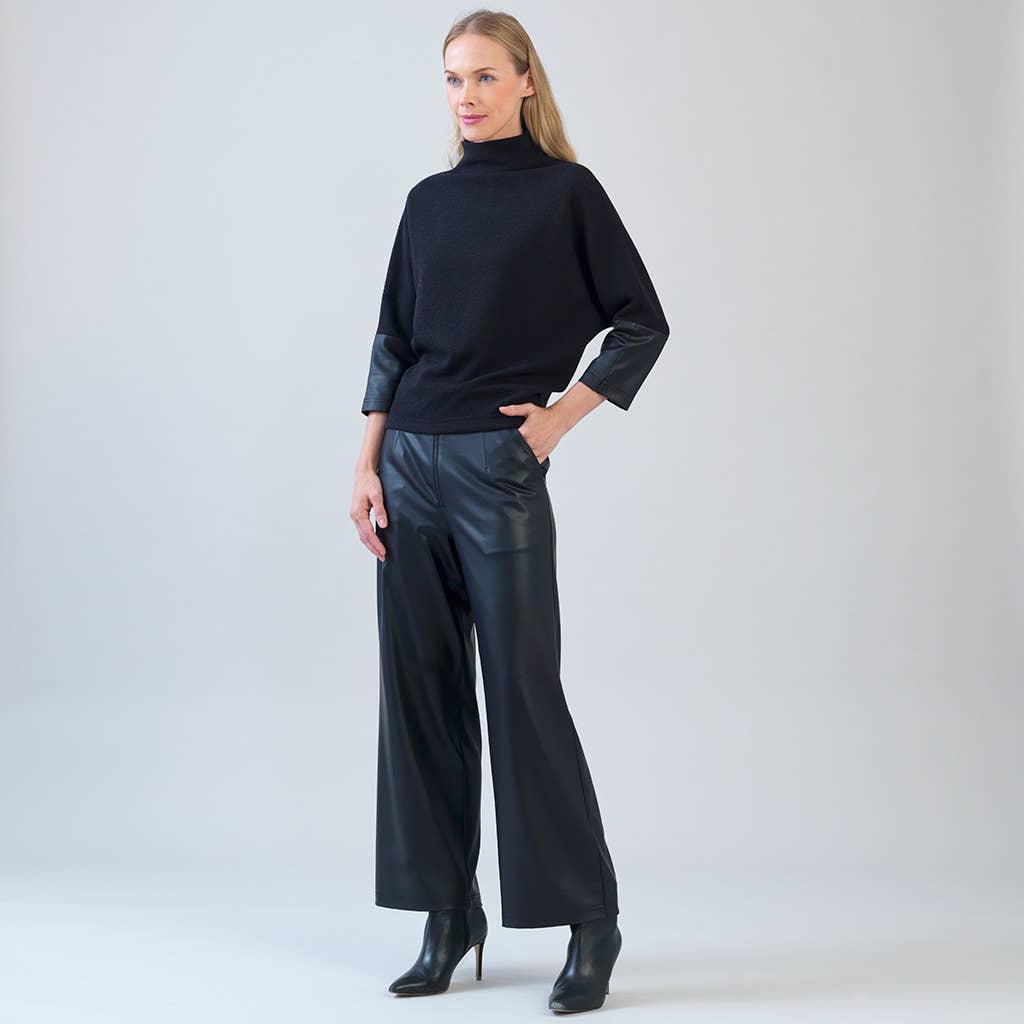 T223WLR - Plush Ribbed - Liquid Leather Cuff Sweater Top: Black / XL