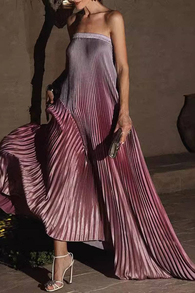 Strapless Pleated Evening Gown: PURPLE / L