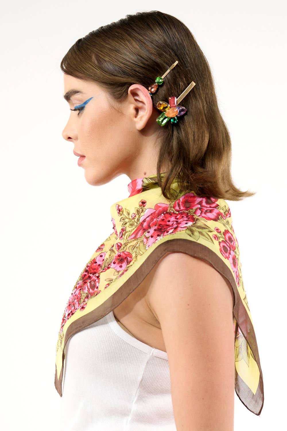 Beauty Hand Embellished Bandana Scarf: Yellow/red floral / One Size