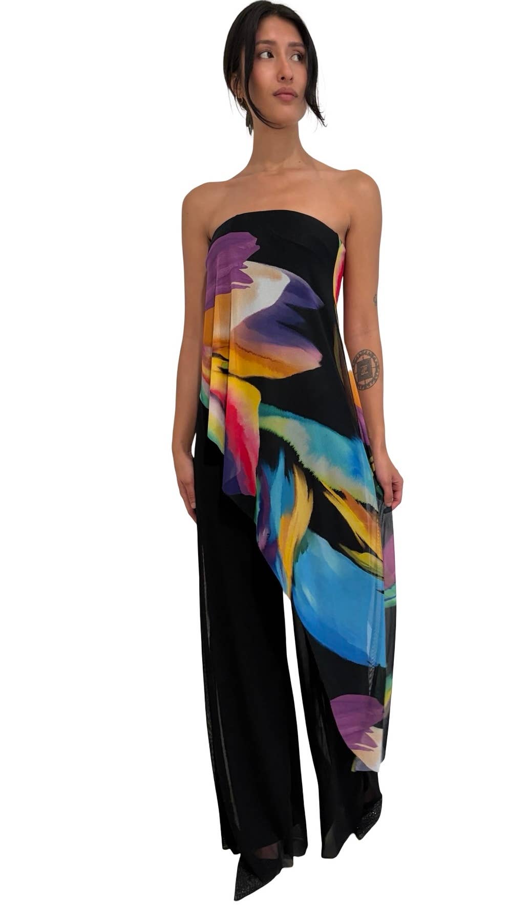 GLORY Solid Black Strapless Jumpsuit With Printed Overlay: M