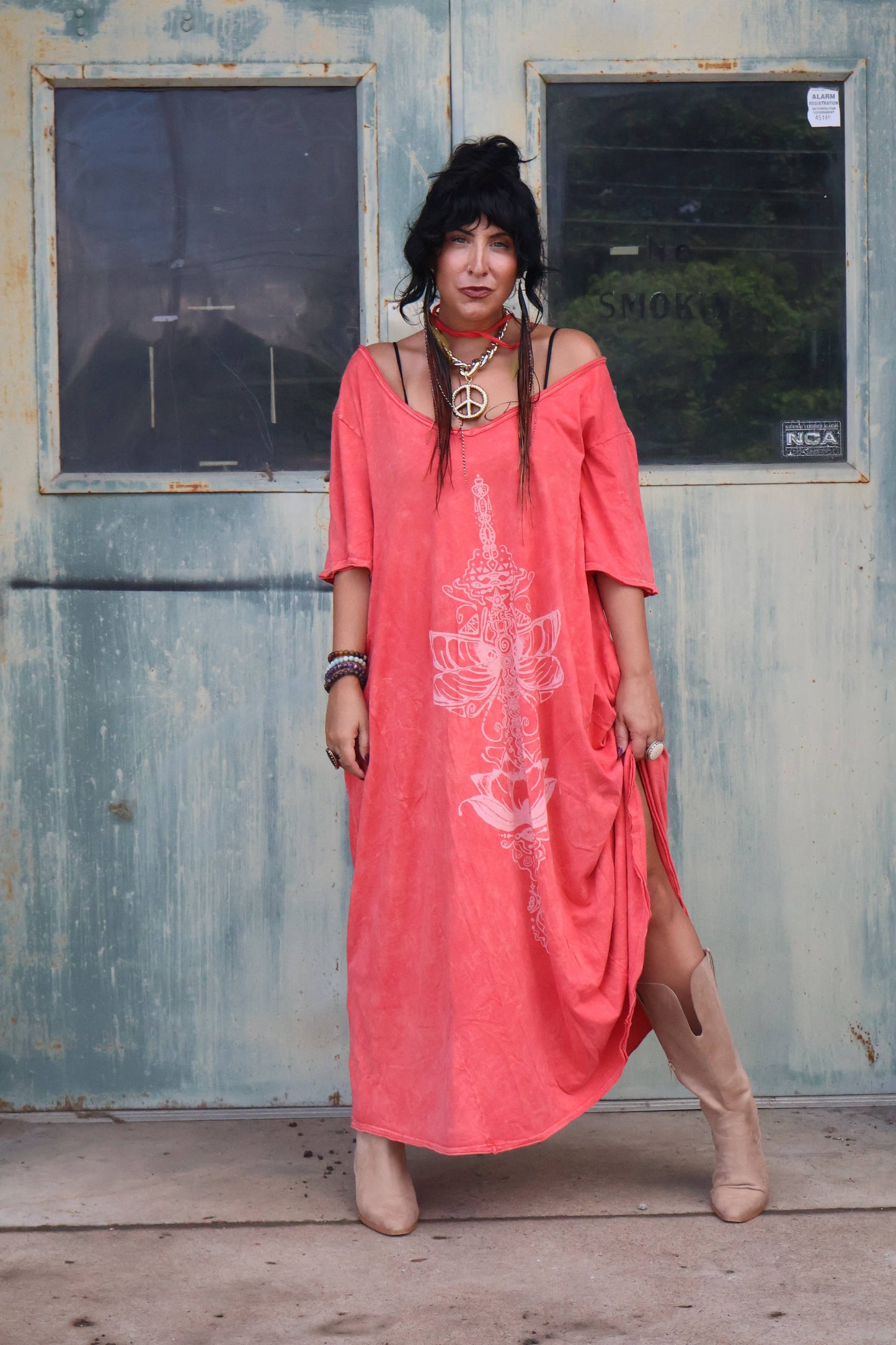 Kantha Bae Dream Tee Maxi Dress - Coral Boho Hippie Graphic