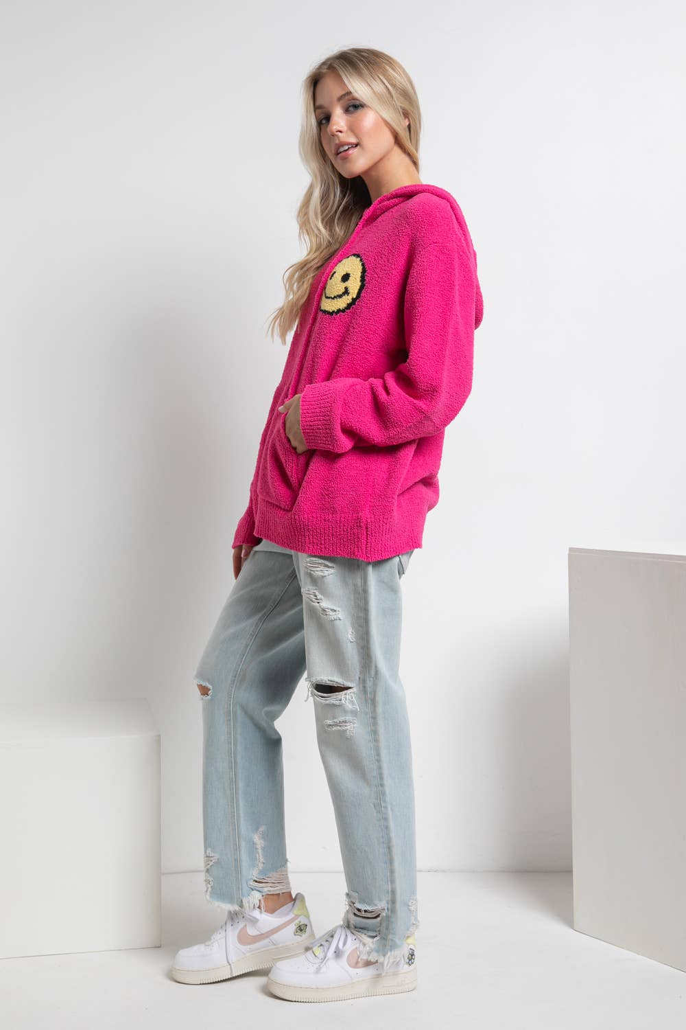 17376W - Fuzzy Cozy Hooded Smiley Sweater: DUSTY BLUE / S/M