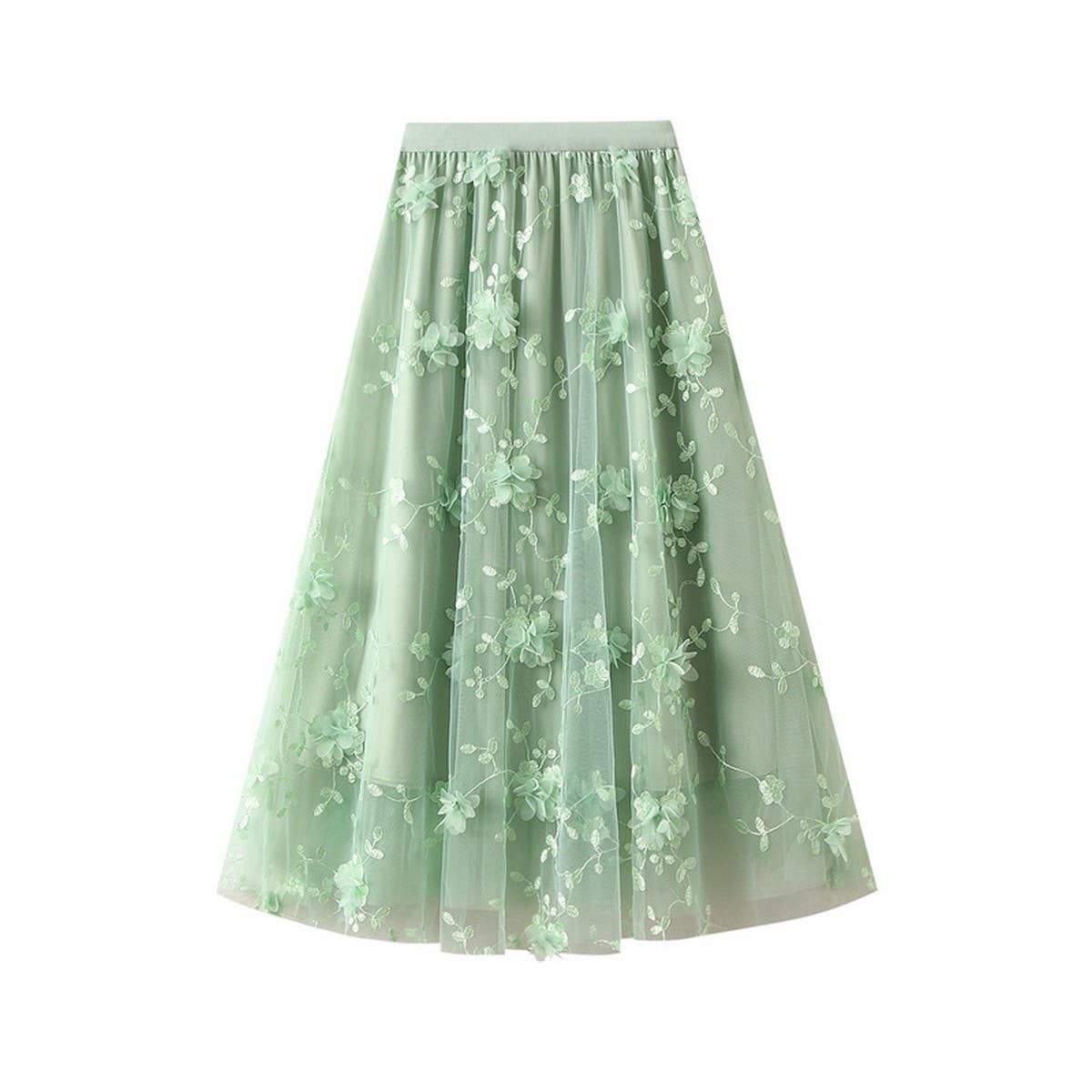 Embroidered Tulle A-Line Maxi Skirt Plus Size_CWBMS0370: Black / (OS) 1