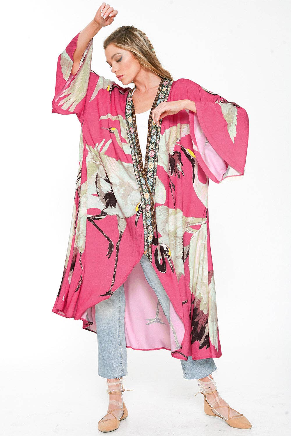 Story of the Crane Kimono - Fuschia | Bohemian Coverup Robe: Fuchsia / One size