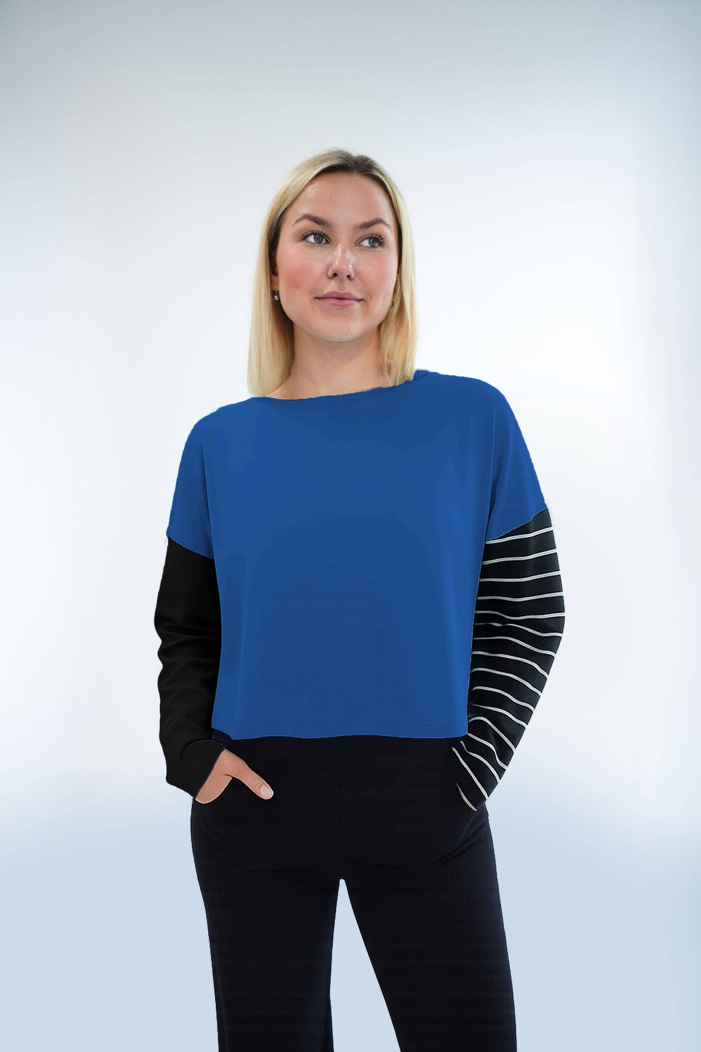 Pima Cotton Mixed Media Mini Luxury Boxy T-Shirt - Royal/Black