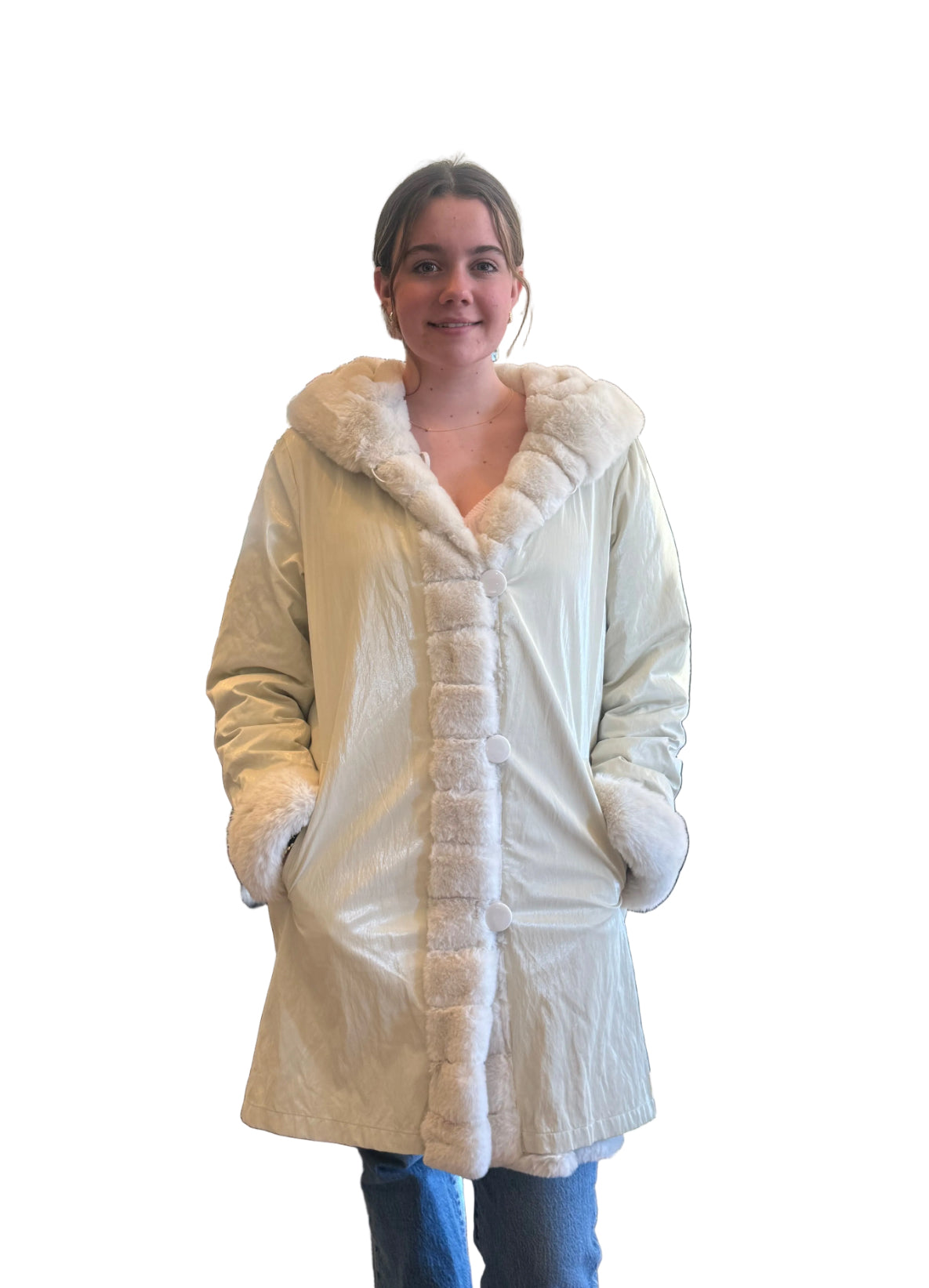 Hooded Reversible Fox Fur Coat K4129RK-335 - Nikki Jones