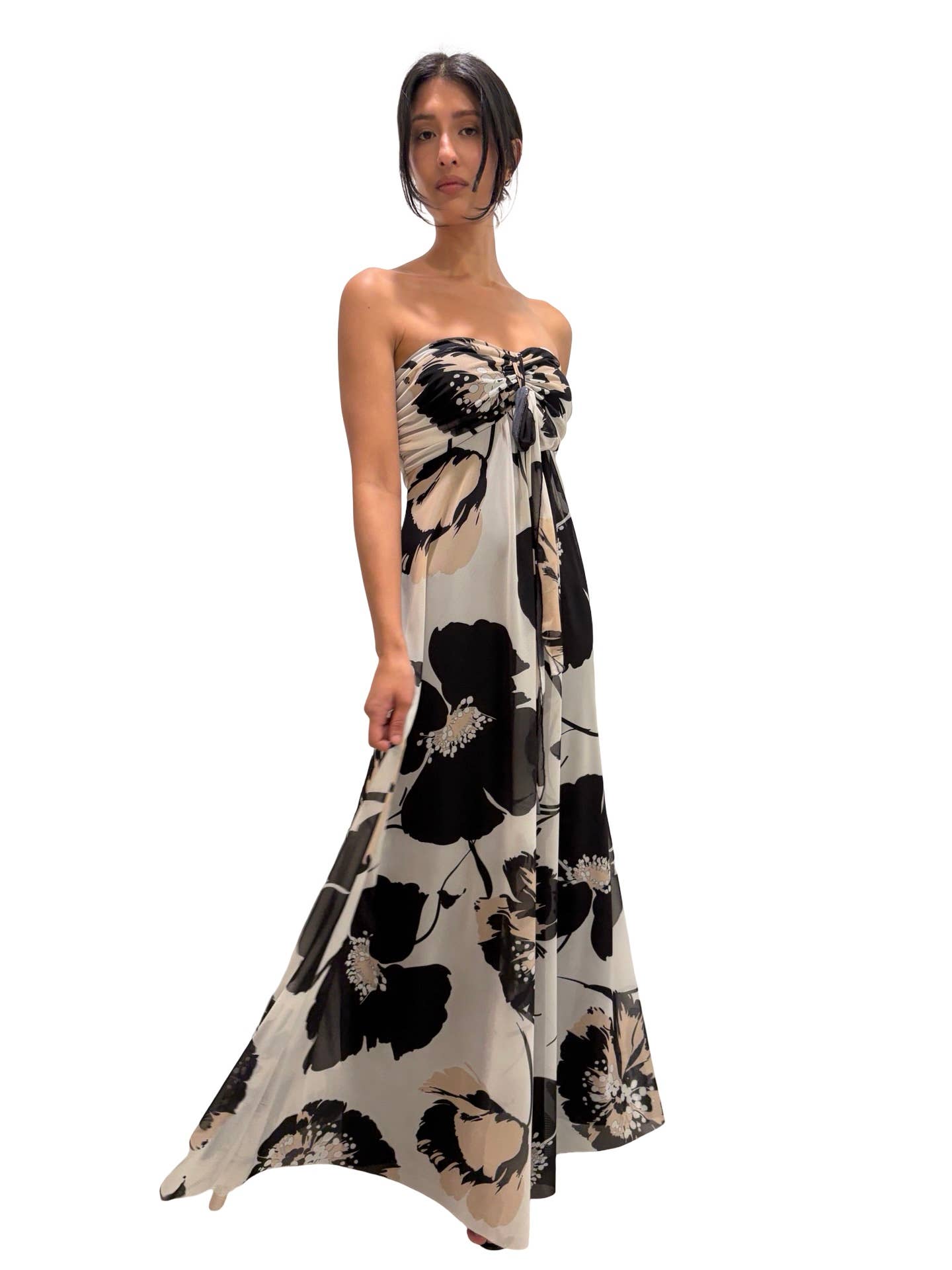 KATE Long Strapless Flared Empire Waist  Printed Mesh Dress : M