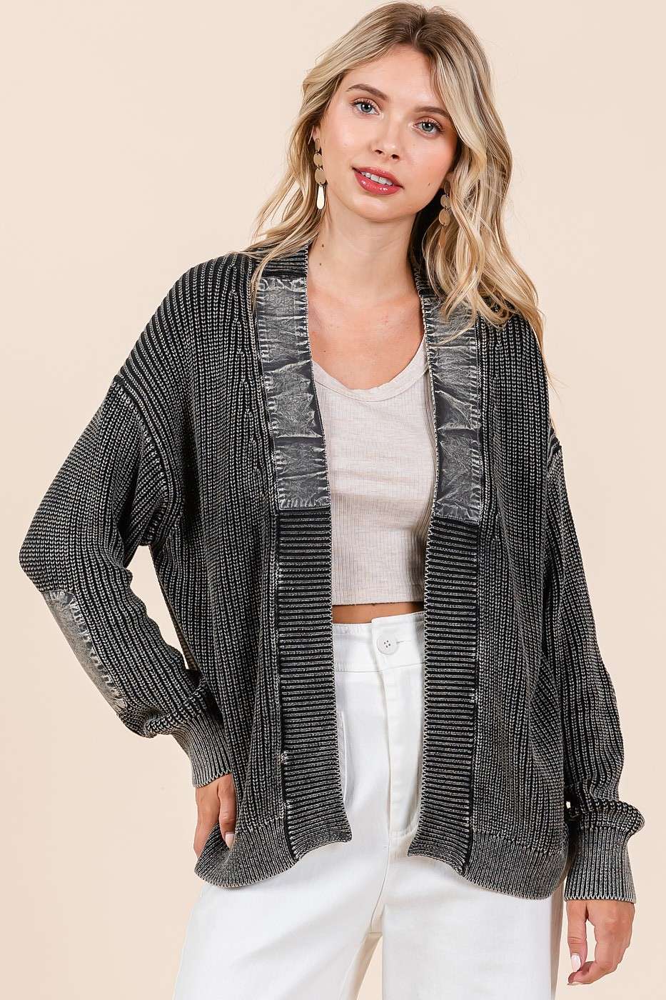 Mineral Wash Contrast Patch Open Front Cardigan S20805