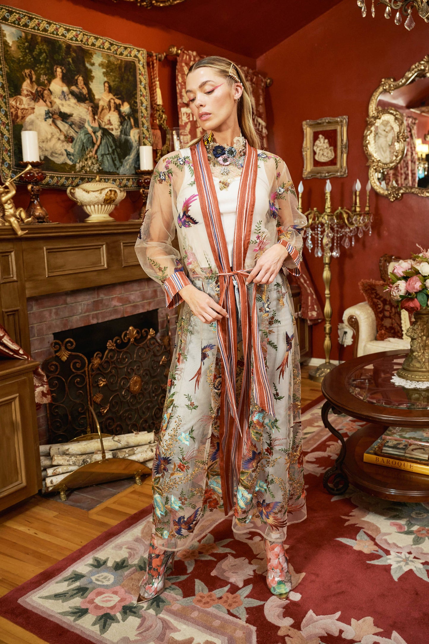 Jade Embroidered Mesh Duster / Topper: Red Stripe/Emb / M