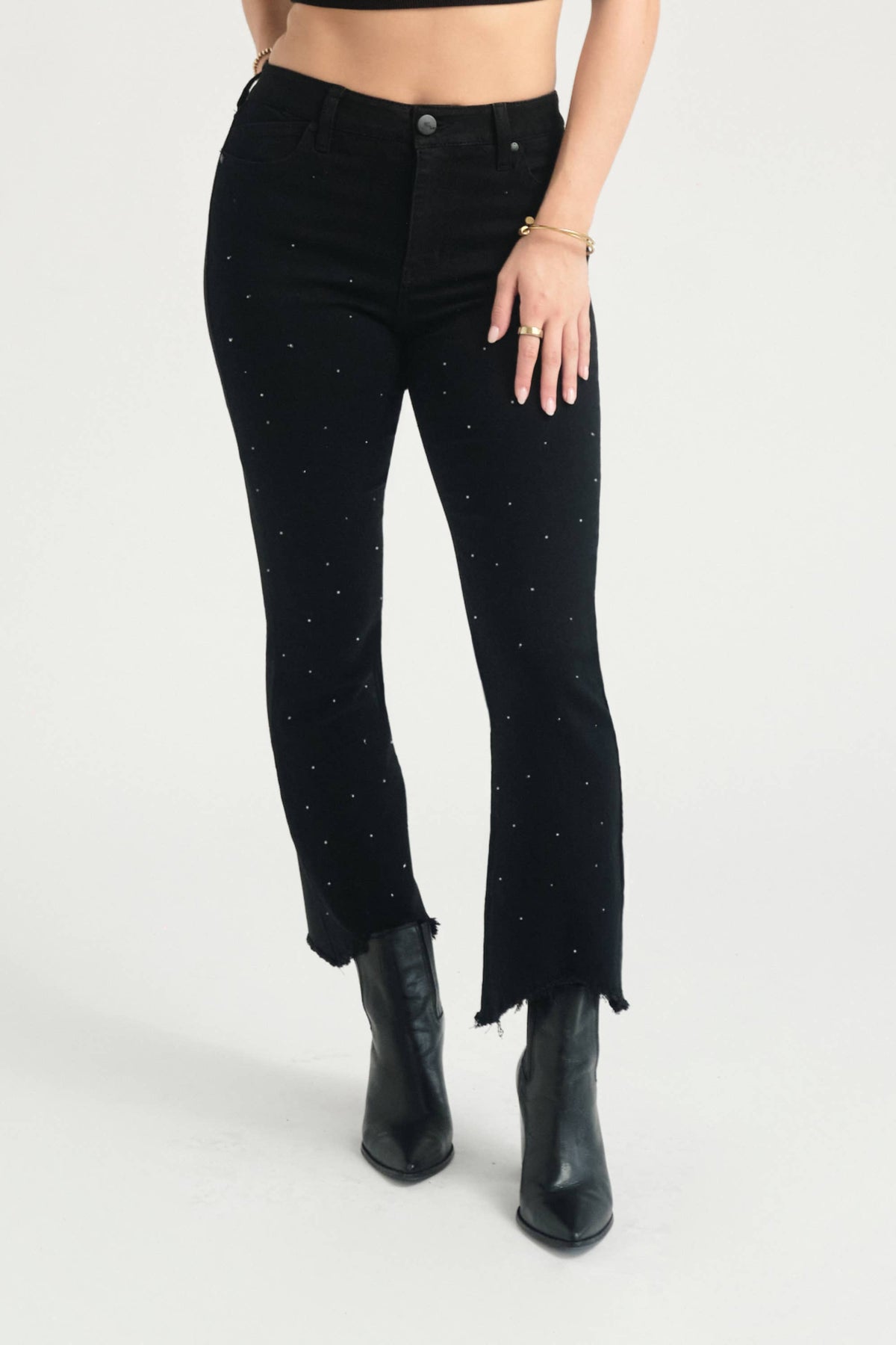 28" Sustainable Demi Boot Jean with Black Crystals: 10/30