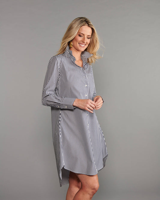 The Boyfriend Dress in Midnight Blue Stripe