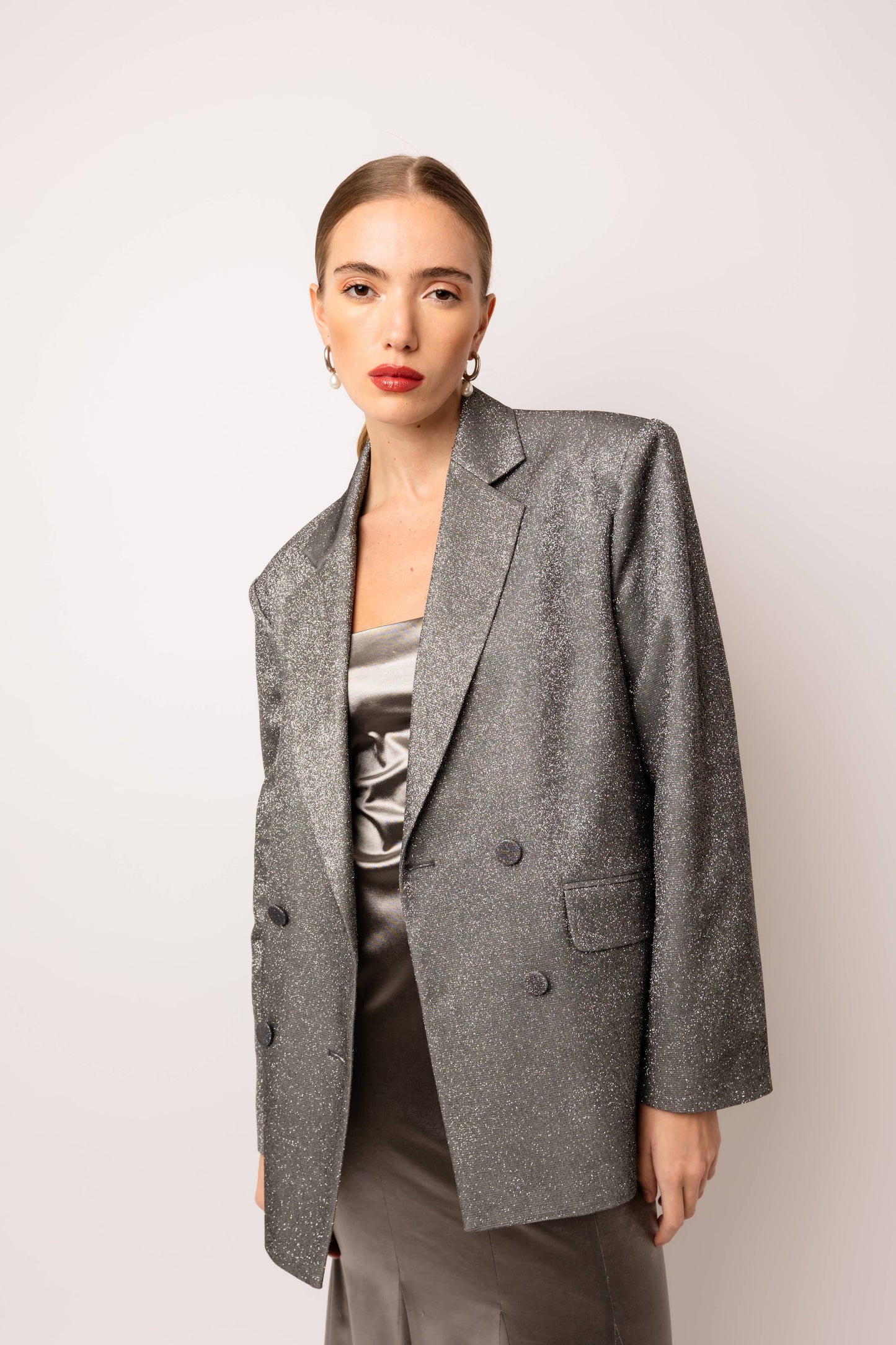 Ezra Glitter Oversized Blazer: Silver / L