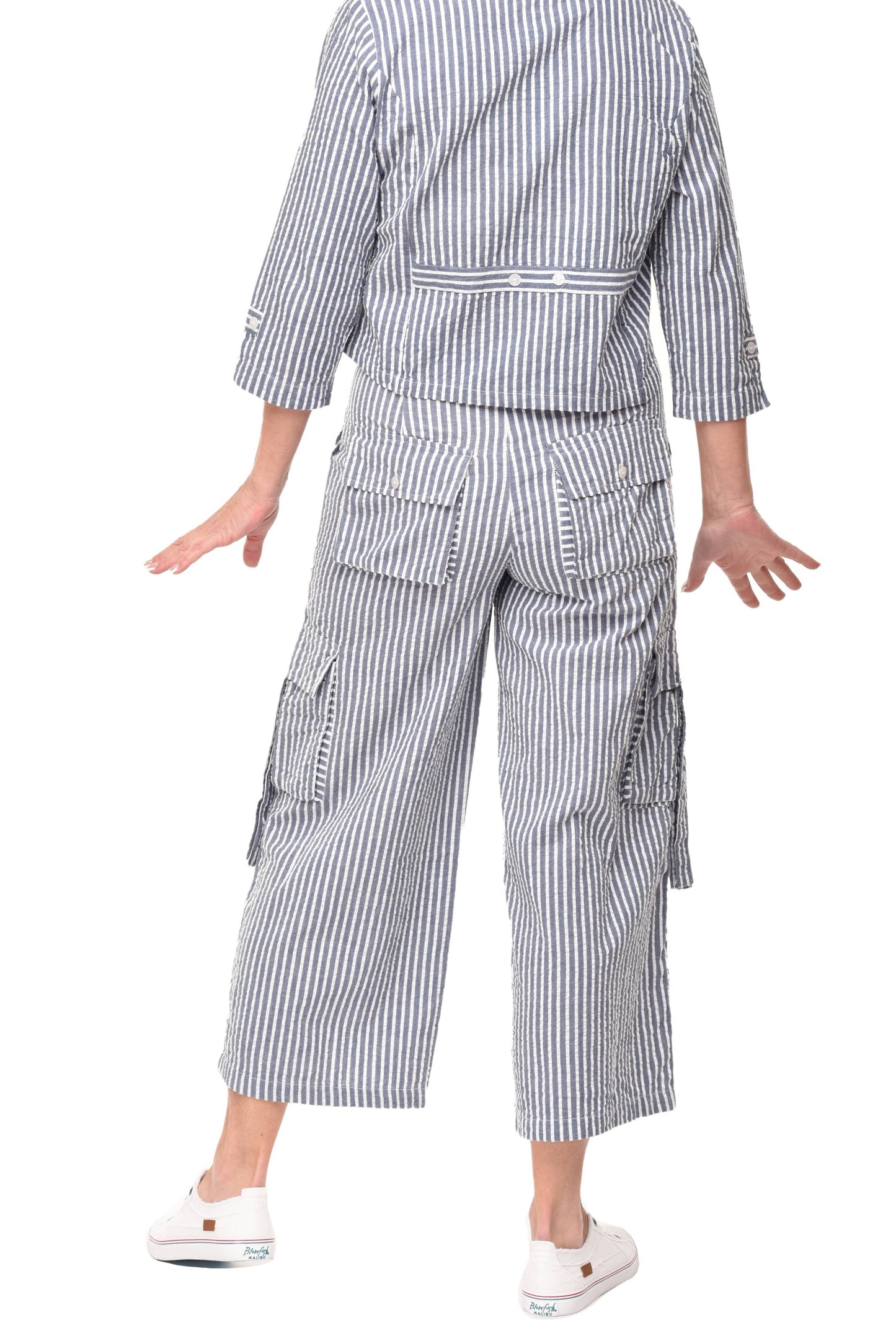 CV1086 Calista Cargo Pant in Marina White Seersucker Stripe*: XL