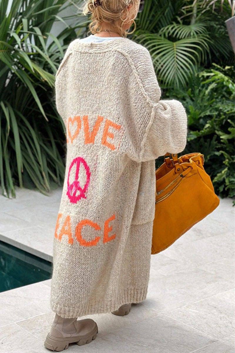 Love & Peace Graphic Cardigan: BEIGE / SM