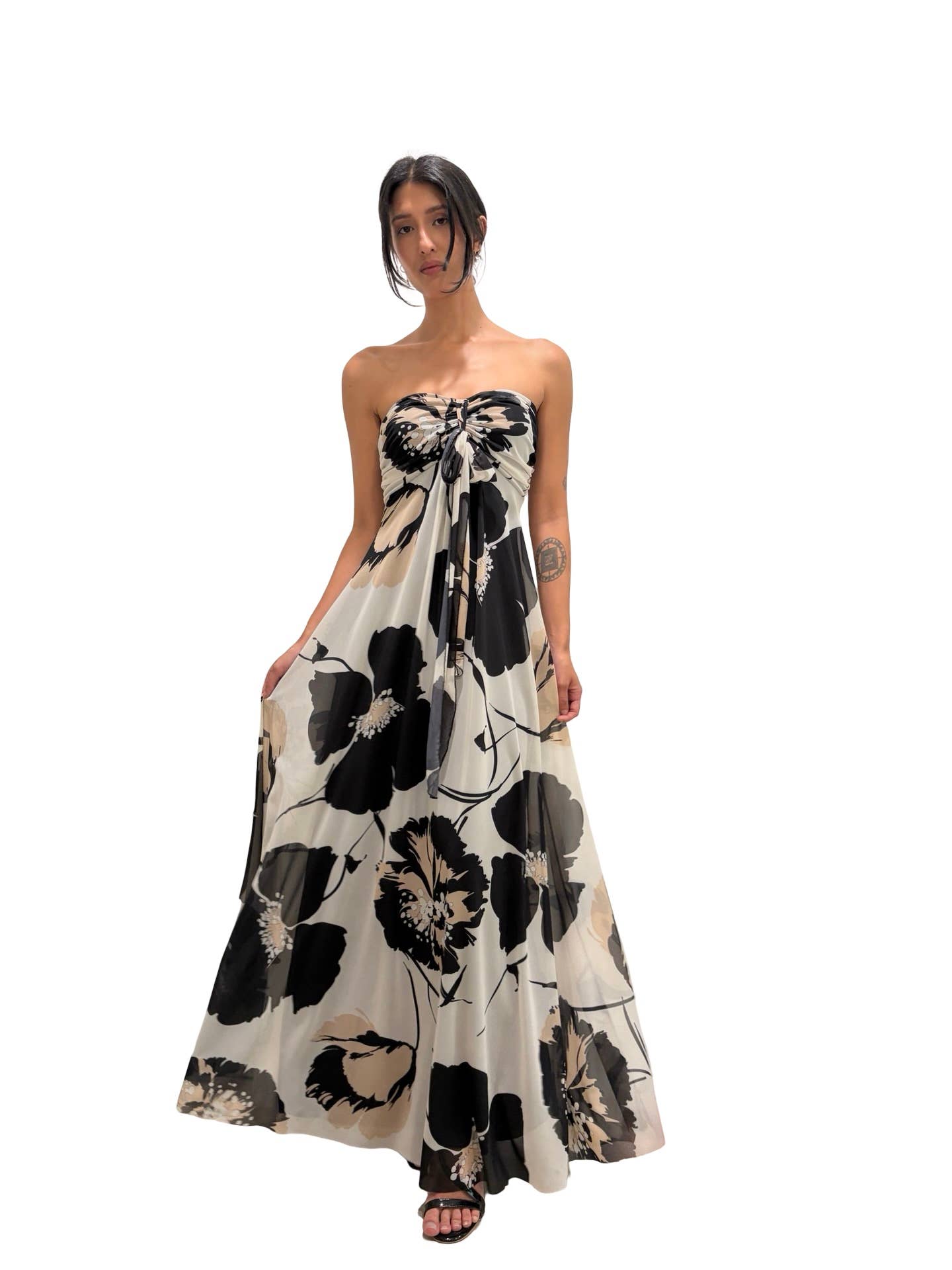 KATE Long Strapless Flared Empire Waist  Printed Mesh Dress : M
