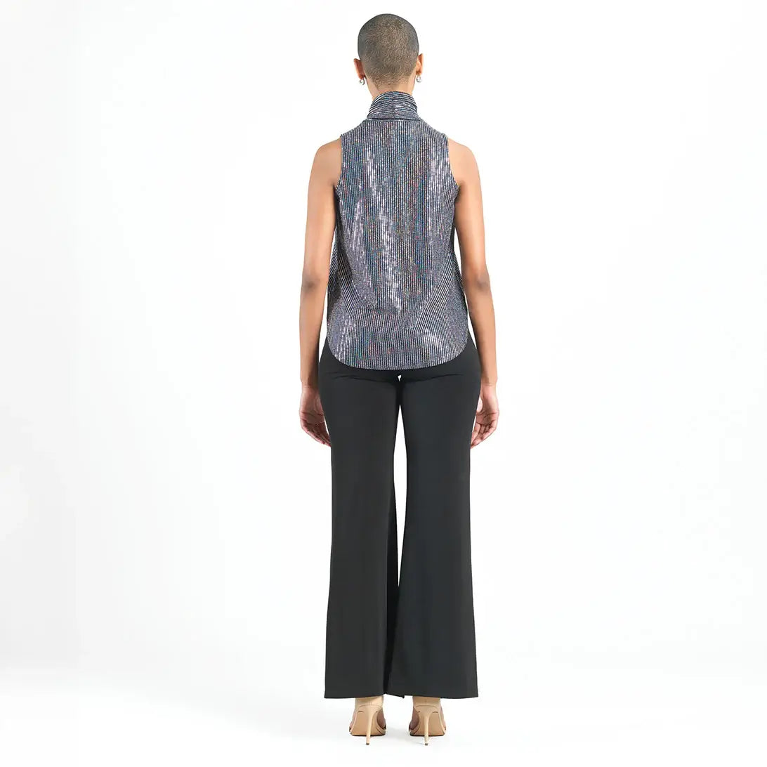 T245S - Shimmer Sequin - Mock Neck-Tie Detail Top: Black/Silver / L