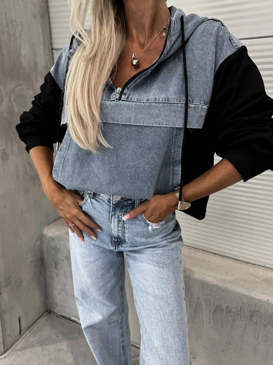 Casual Oversized Denim Hoodie for Women: Black / L