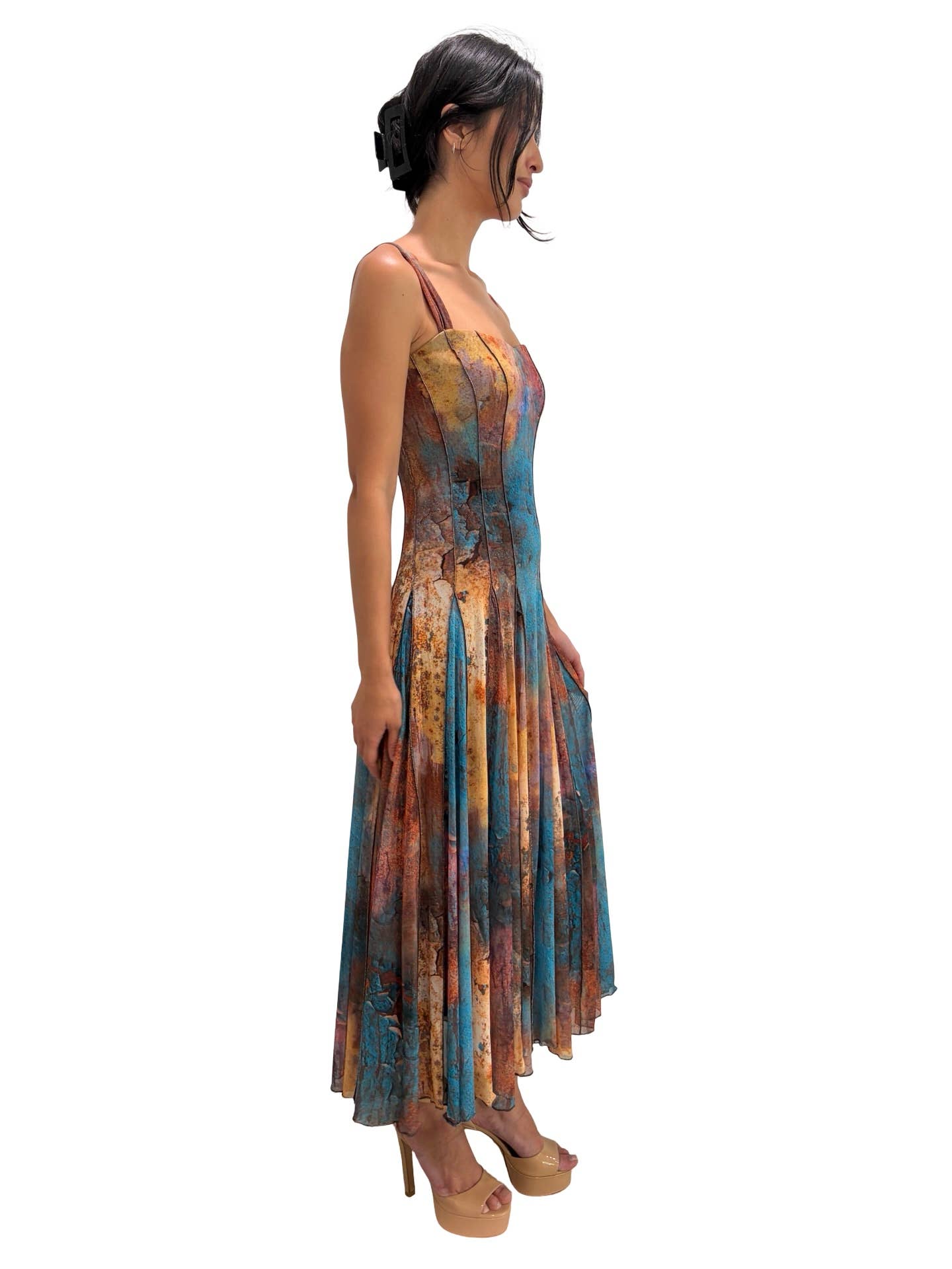 MONET Sleeveless Tea Length Fit N Flare Paneled Dress : L