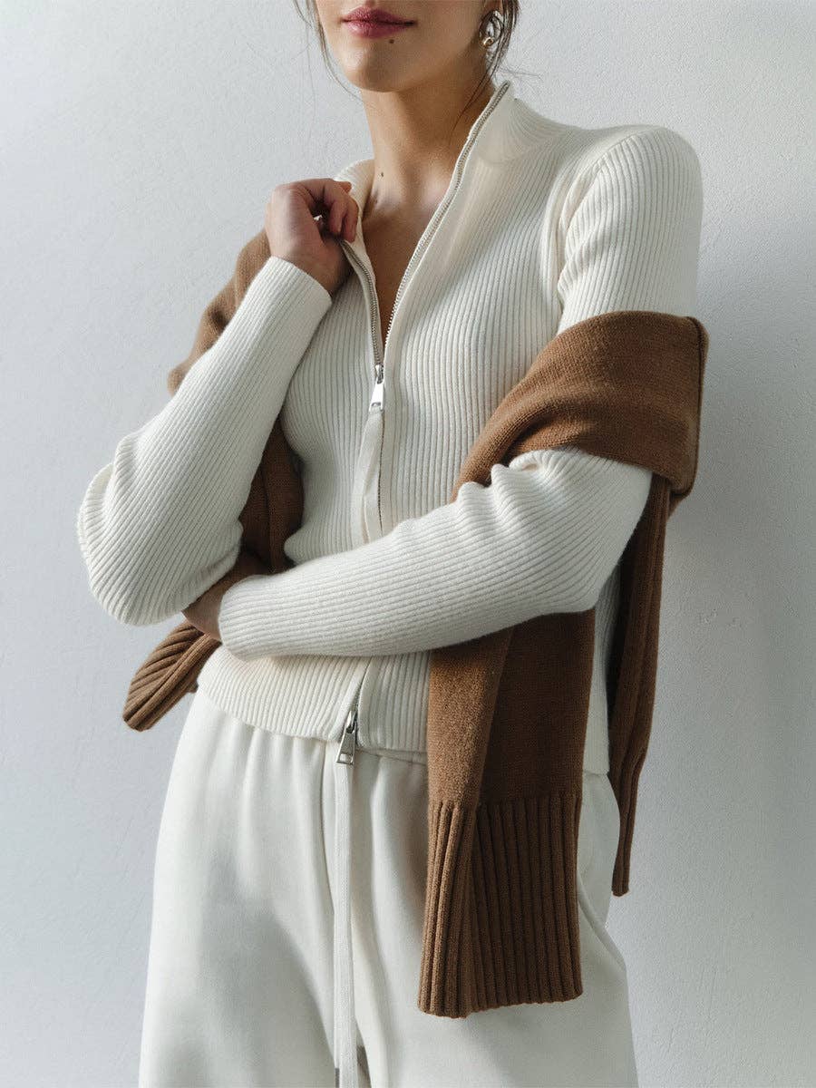 Casual Long Sleeve Cardigan Zipper Knit Jacket for Women: White / S