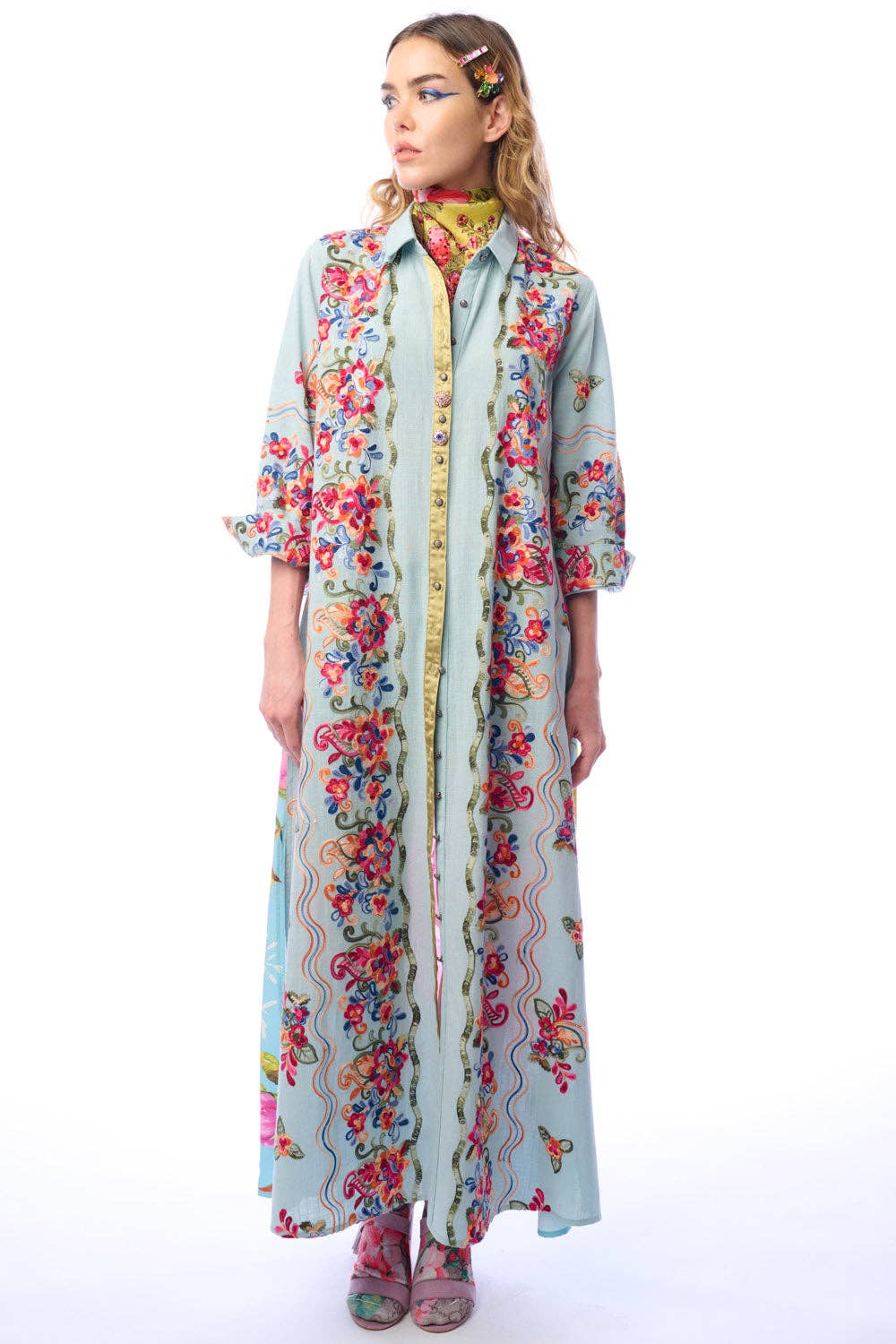 Beauty Mark Maxi Duster-Blue | Duster Dress | Spring Dress: Slate Blue / M