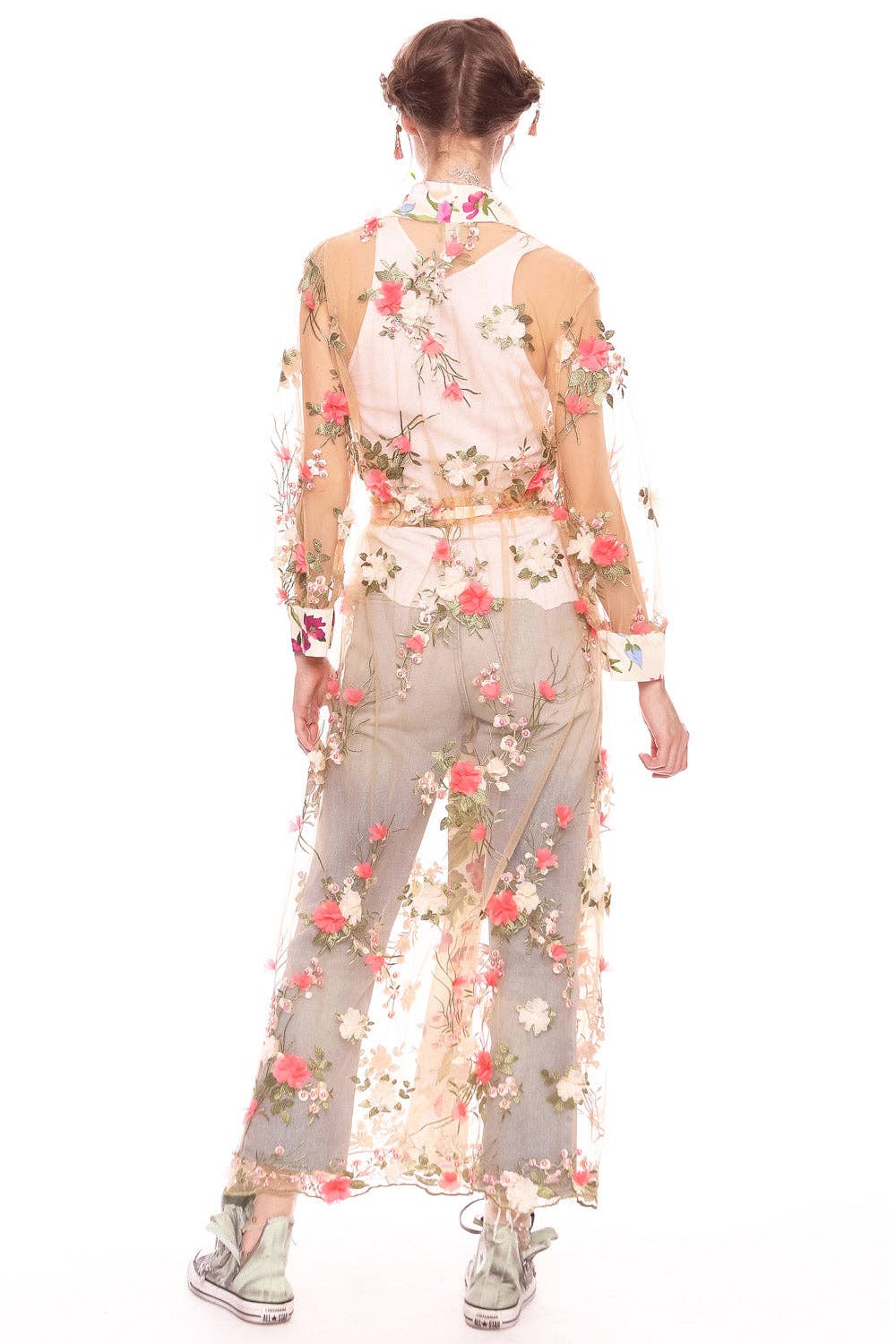 Floral Fantasy Kimono | Pink Floral Kimono | Mesh Kimono: Pink Floral Embroidery / L