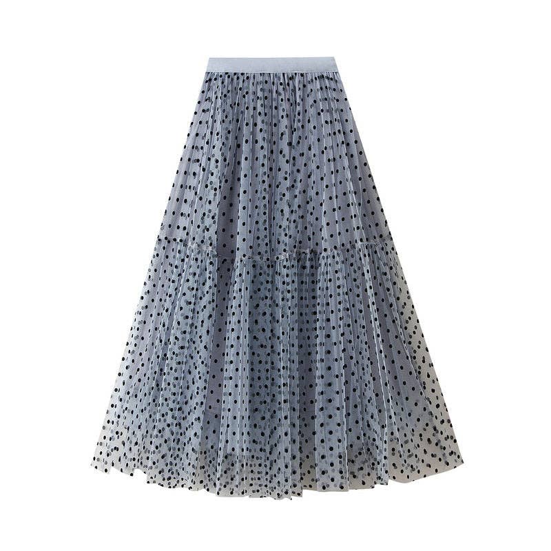 Flocked Polka Dot Mesh Skirt: BLACK / Average Size