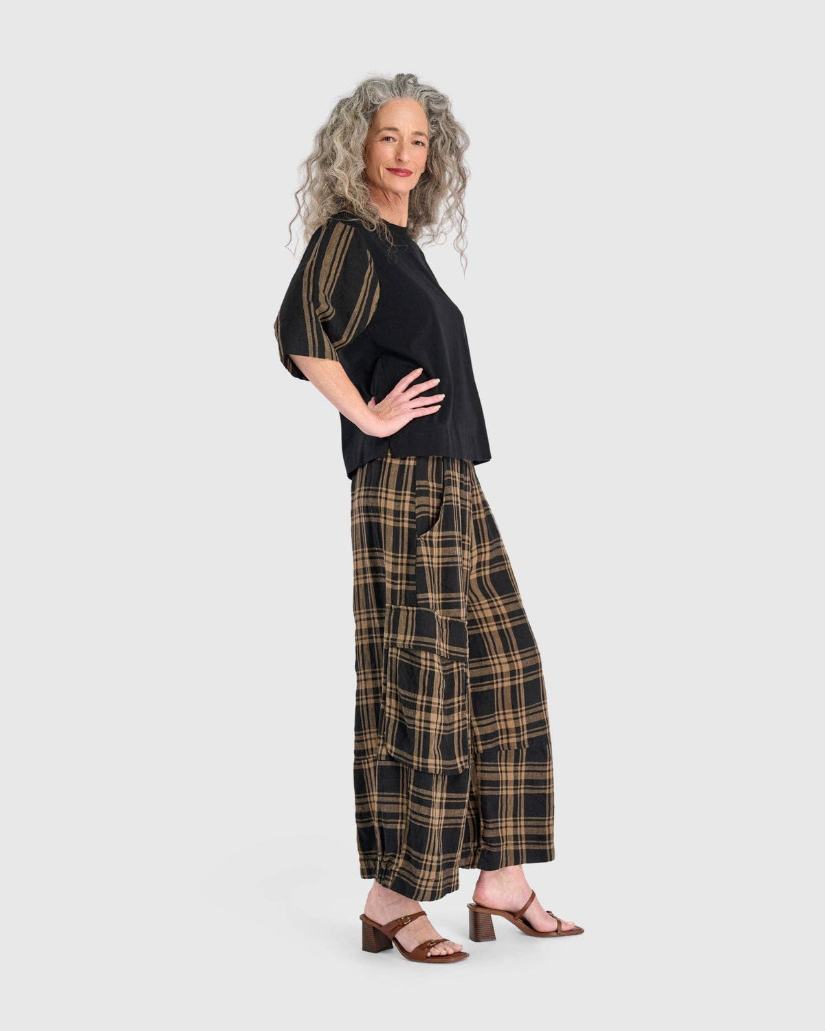 Linen Wide Cargo Pants, Brown/Black Plaid: Check / 3 (US 10-12)