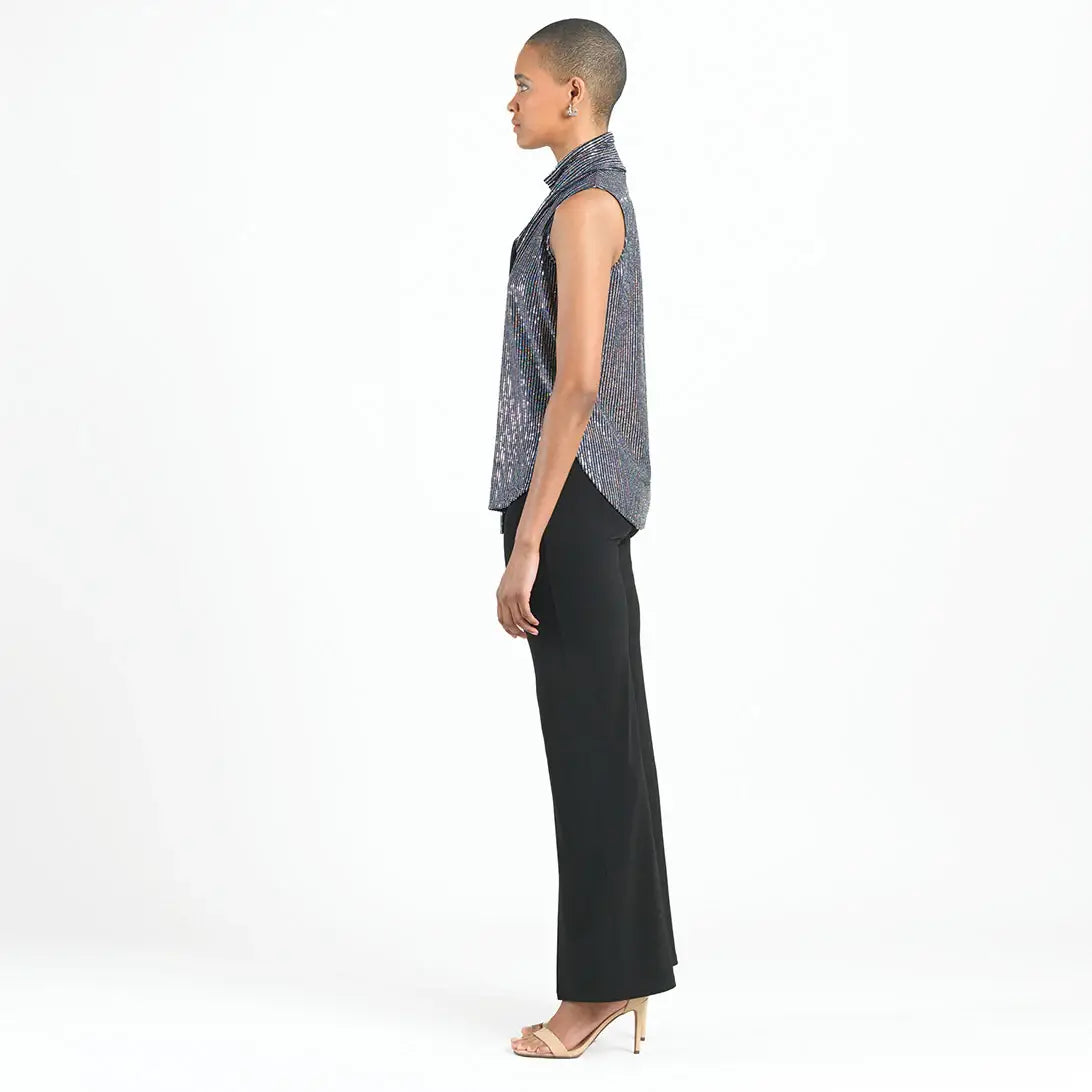 T245S - Shimmer Sequin - Mock Neck-Tie Detail Top: Black/Silver / L