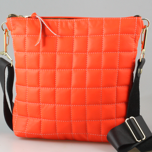 The Quilted Crosby Crossbody: 9"x9.5" / Black Leather Strap / Neon Orange