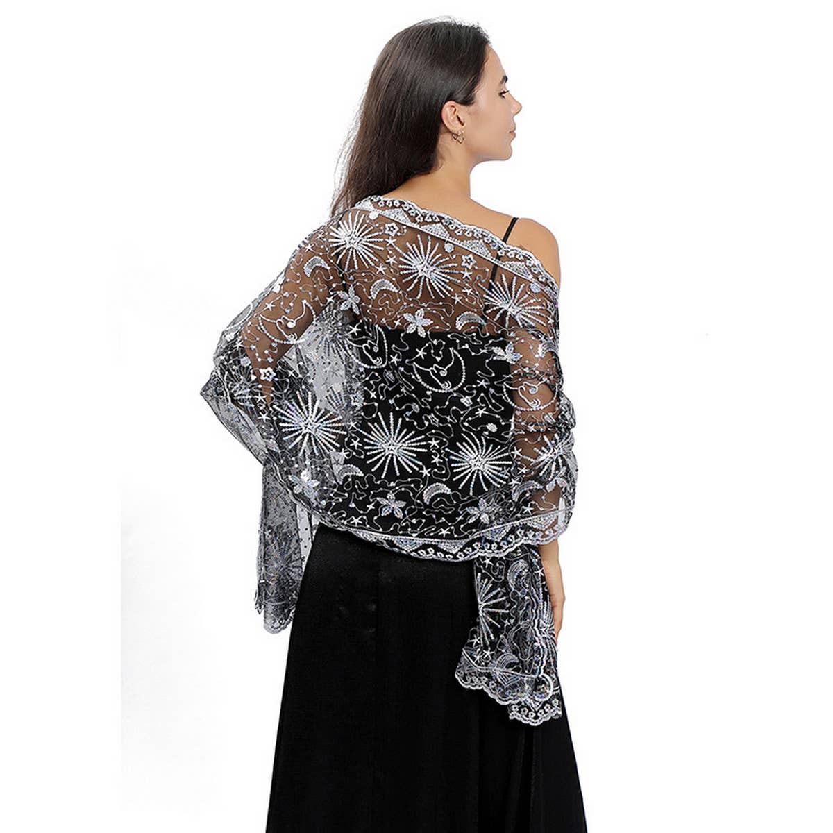 STARS AND MOON EMBROIDERED SHAWL_CWASC1079: BLACK2 / (OS) 1