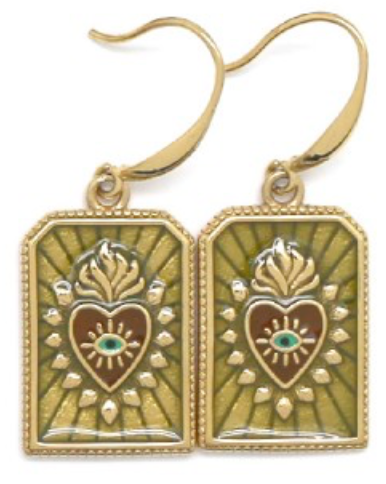 Enamel Heart Flame Earrings in Green