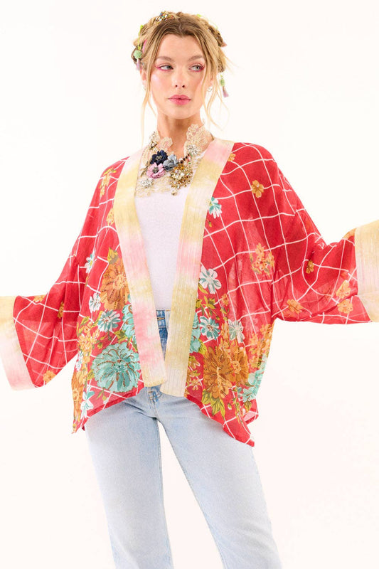 Borrocow Beauty Hand-Embellished Kimono: Vintage Coral Print / One Size