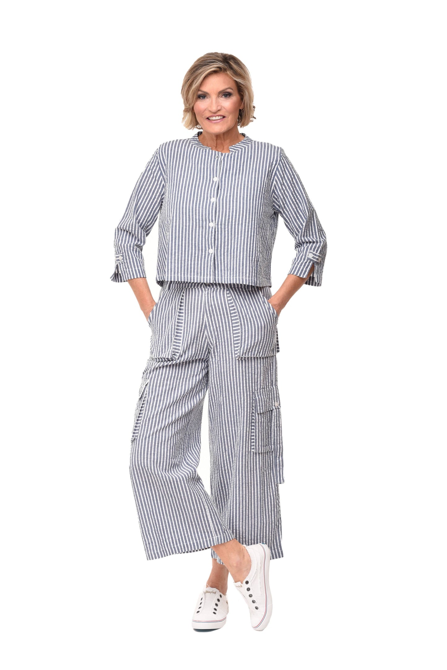 CV1086 Calista Cargo Pant in Marina White Seersucker Stripe*: XL