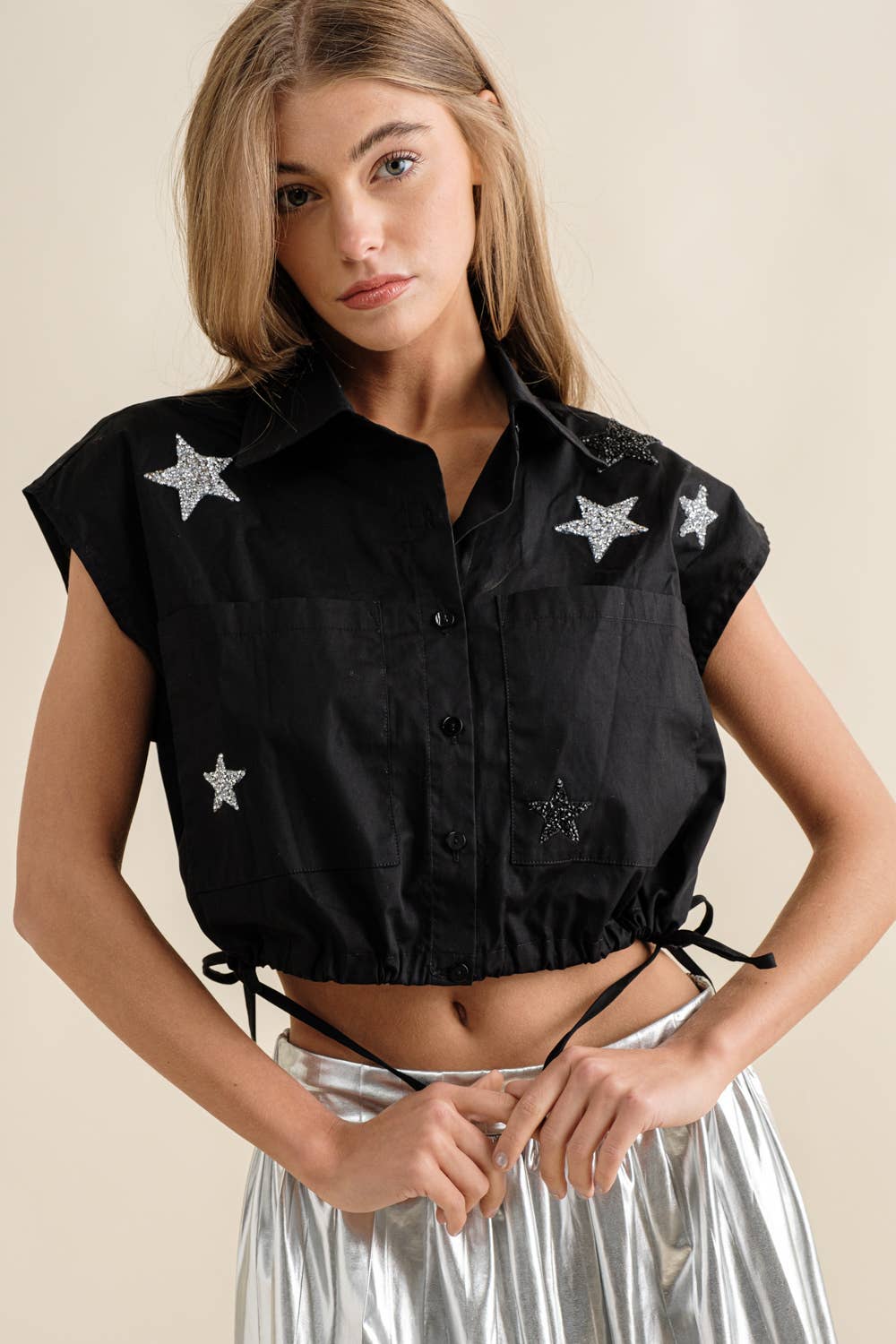 32579T - Poplin Star Patch Sleeveless Shirt: HOT PINK / M