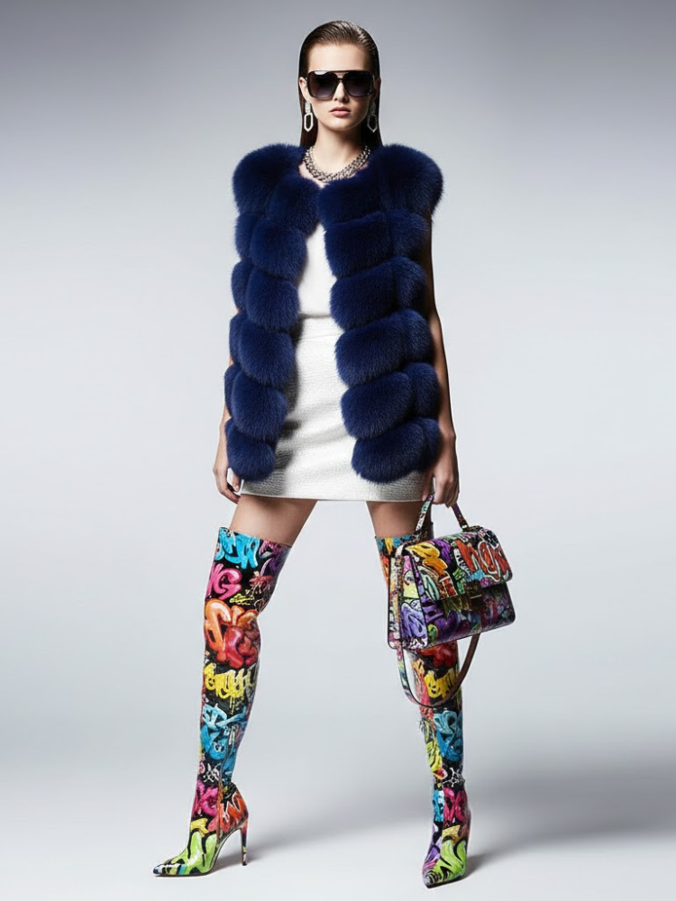 Women's Voluminous Fur Vest DUMBO New Collection Couture in Manhattan BYMANYC ® New York: Navy / L