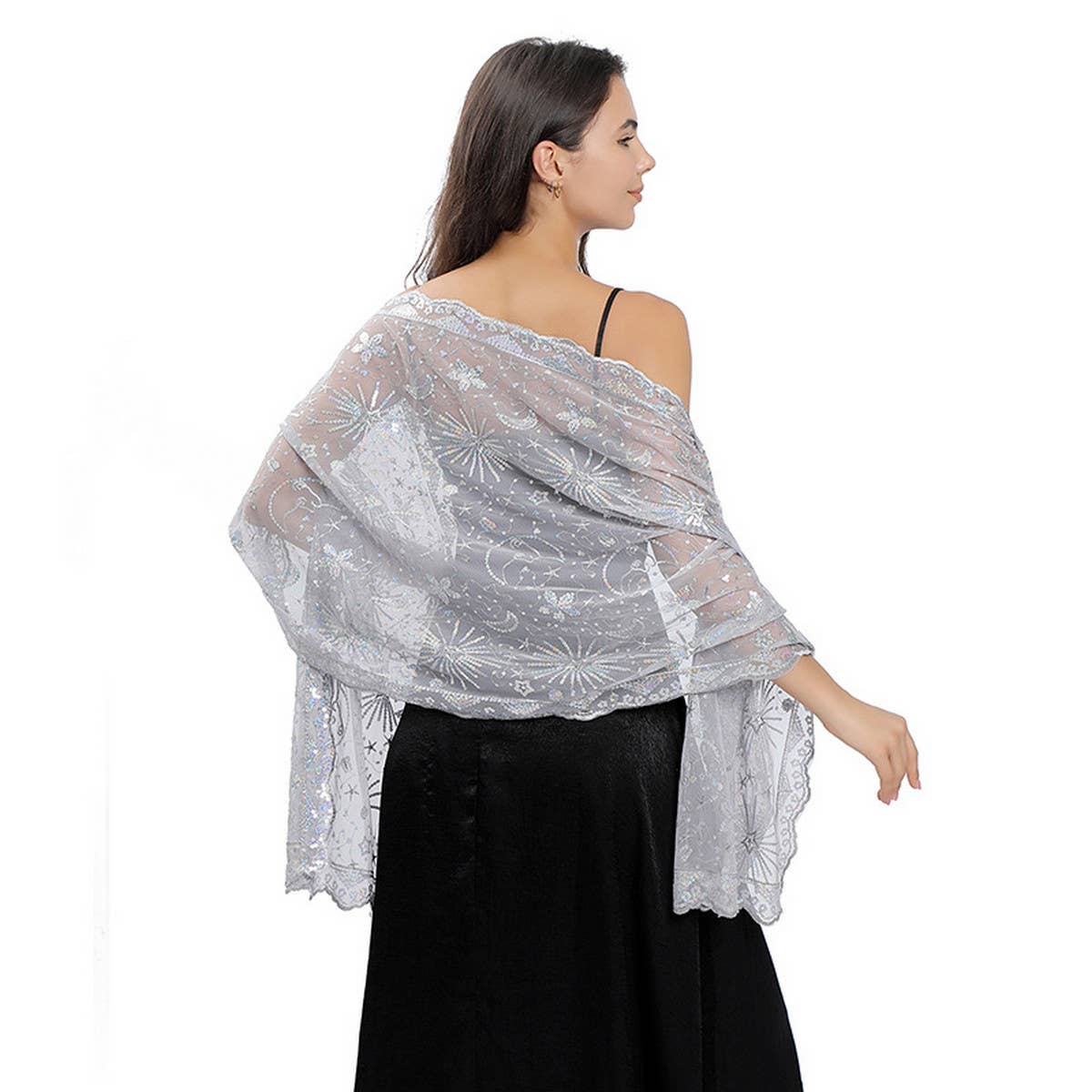 STARS AND MOON EMBROIDERED SHAWL_CWASC1079: Silver / (OS) 1