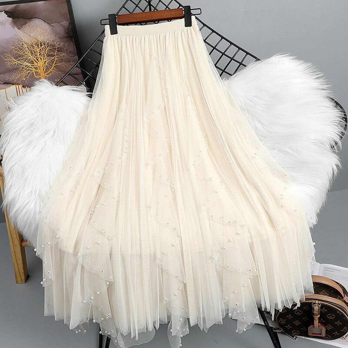 BEADED MESH PLEATED SKIRT A LINE TULLE SKIRT_CWBLS0398: GREY / (OS) 1