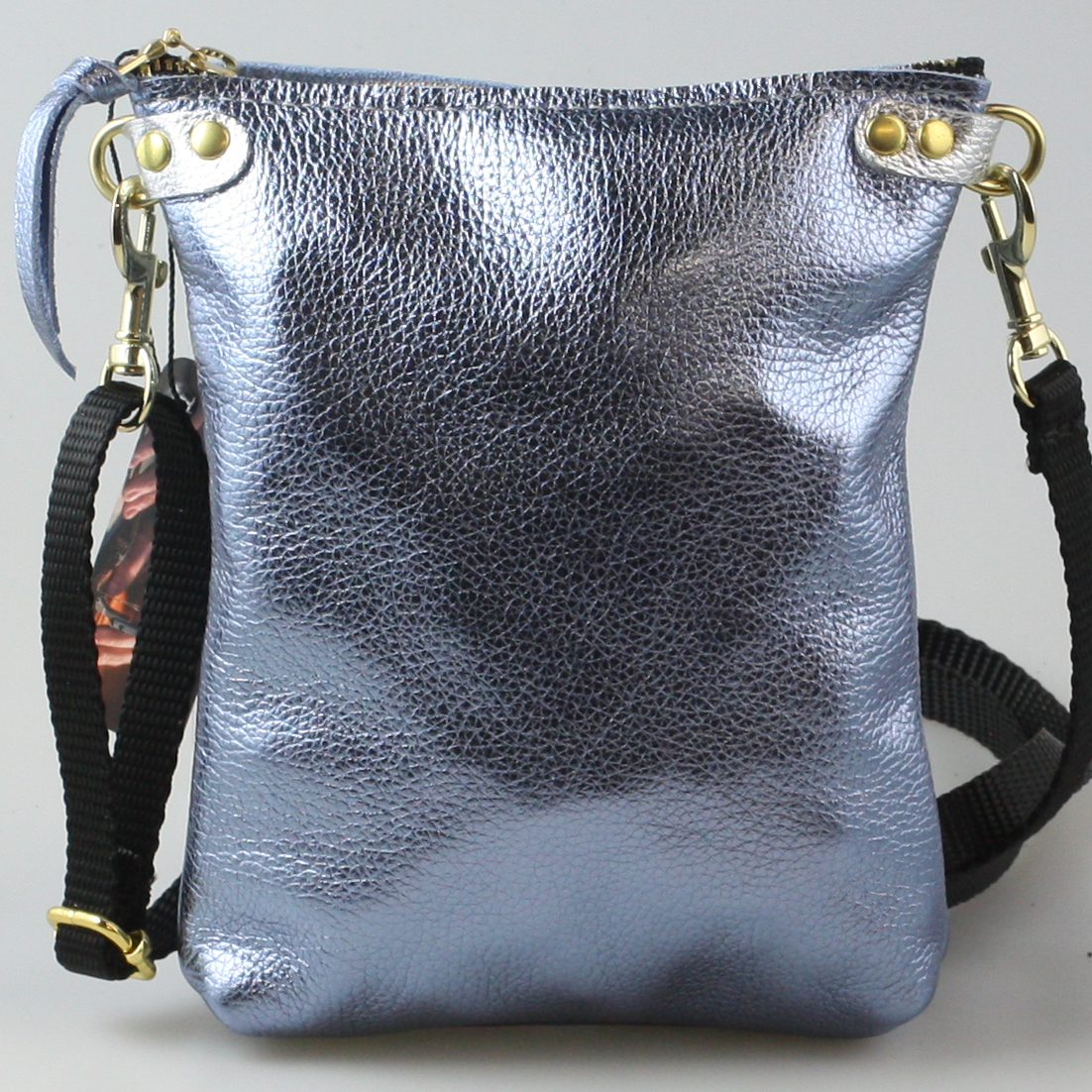 The Lisa Cellphone Crossbody Pouch : Silver / Matching Metallic Leather Crossbody Strap