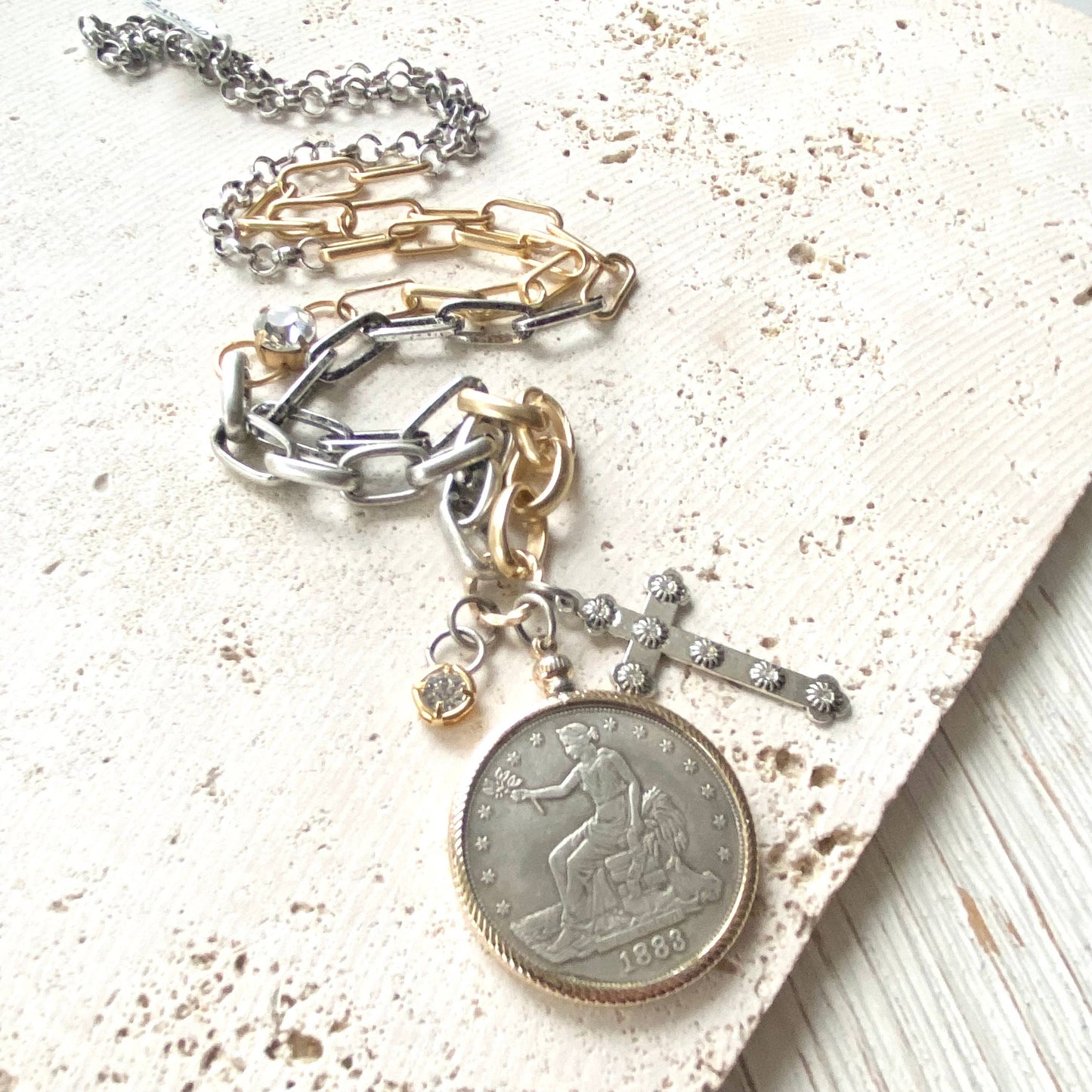 Coin necklace mixed metal jewelry vintage boutique jewelry