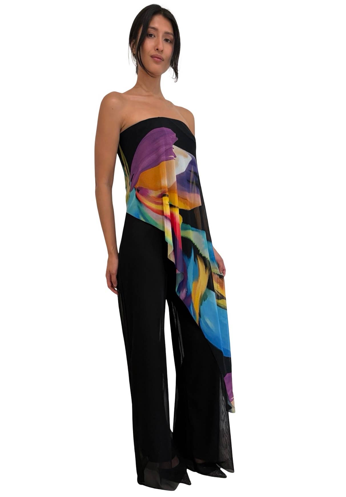 GLORY Solid Black Strapless Jumpsuit With Printed Overlay: M