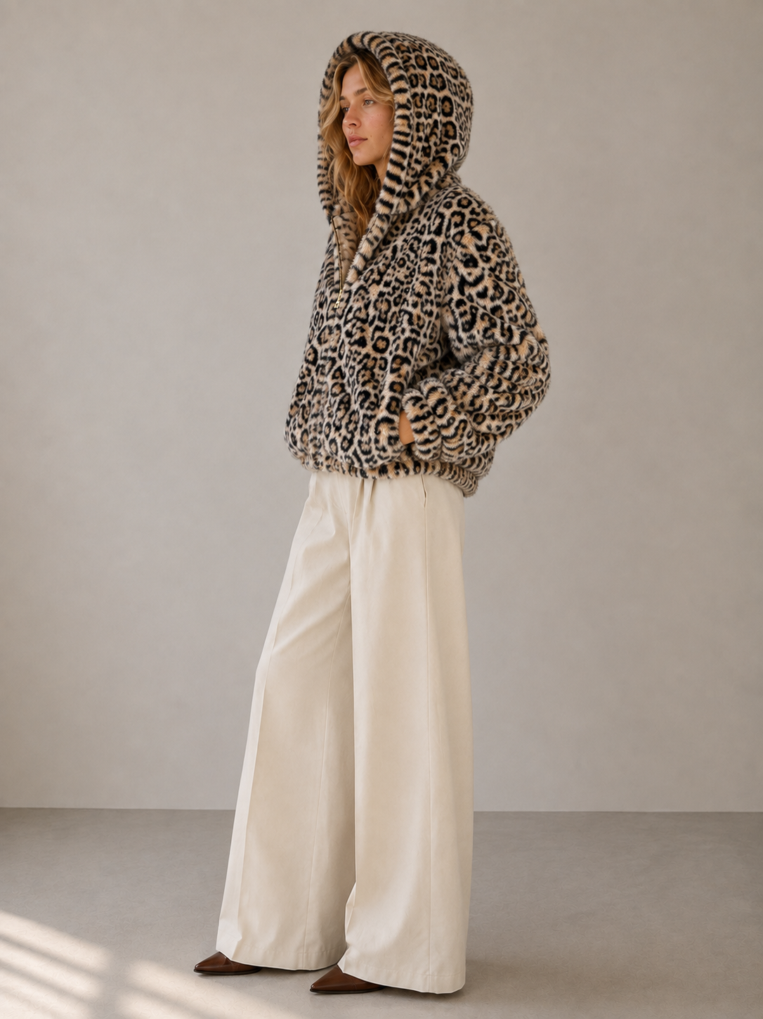 Oyster Bay Jacket — Hooded Faux Fur Zip Jacket: Espresso Leopard / S/M