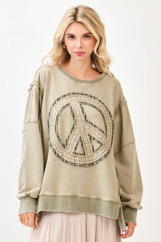 PEACE SIGN PATCH MINERAL WASH SWEATSHIRT: OLIVE / S/M-M/L(3-3)